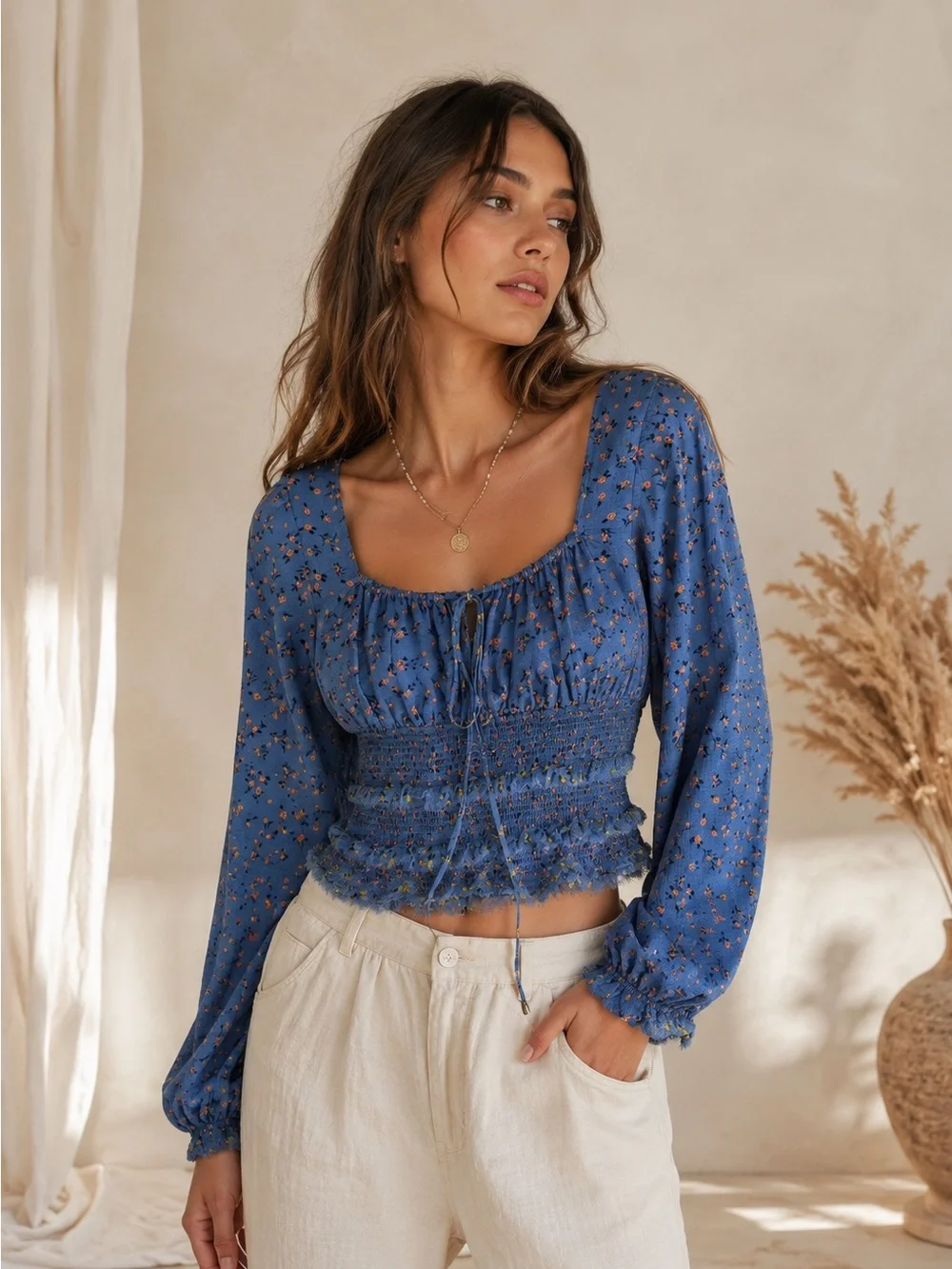 Free People Blue Floral Smocked Long-Sleeve Crop Top